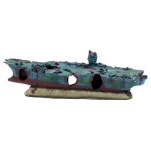 XL Aircraft Carrier depicts the wreckage of a wartime vessel. It is suitable for any aquarium and has plenty of holes for fish to swim in and out of, hide and even breed in! Approximate dimensions: 67cm (w) x 17cm (h) x 22cm (d).