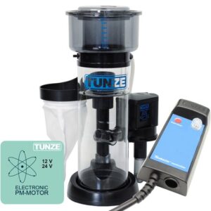 Tunze 9410.001 DC Protein Skimmer Recommended for salt water aquariums up to 1,200 liters (317 US gal.). Immersion depth from 140 to 240 mm (5.5 to 9.5 in.) Dimensions without post-filter (L x W x H): 250 x 180 x 415 mm (9.8 x 7.0 x 16.3 in.) Water flow rate: adjustable up to 1,200 l/h (317 US gal.) Air flow performance: adjustable up to 750 l/h (198 US gal./h) Energy consumption: up to approx. 29 W Power supply unit: 100-240V / 50-60Hz Cable length: 3 m up to Turbelle® controller Skimmer cup volume: 0.7 liters (0.18 US gal.)