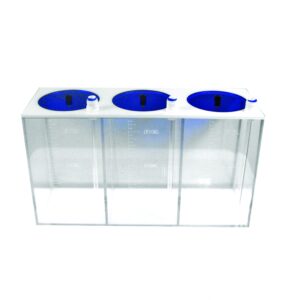 TMC Reef Easi-Dose 3 x 1.5l Containers These 3 containers have been specifically designed for use in the balling method of supplementing a marine aquarium with Calcium, Magnesium and Alkalinity with the use of a dosing pump. Being versatile enough to allow you to dose any liquid product from them in to your aquarium. They each hold 1.5 litres of liquid and draw from the bottom. The pipes are the correct size so ordinary aquarium air line can be pushed on to provide a secure grip straight from your dosing pump (we recommend silicone airline), or you can use RO pipe. They give a professional look you don't get from plastic bottles and are very user friendly as the top just lifts off easily for topping up. The suction from the dosing pump doesn't allow any liquid to drip out when you remove the pipe complete with the lid.  Perfect for people who are limited with space inside their cabinets. Easily cleaned and rinsed out. Divided into 3 separate chambers
