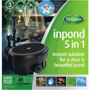Blagdon Inpond 5 in 1 6000, is an in-pond filter system for ponds and water features up to 6000 litres. The set includes a mechanical and biological filter, built-in fountain pump, UV clarifier, and automatic night time LED spot light. This provides everything you need for a clear, healthy, and beautiful pond. Models also available for ponds of 2000, 3000, 6000 and 9000 litres.